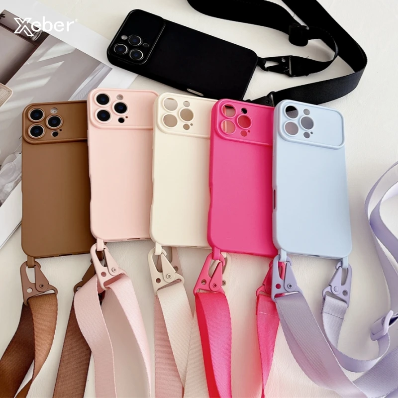 Funda de teléfono de silicona con cordón cruzado de TPU a prueba de golpes para iPhone 16 15 14 13 Pro Max Plus, funda suave con correa para collar y cuerda