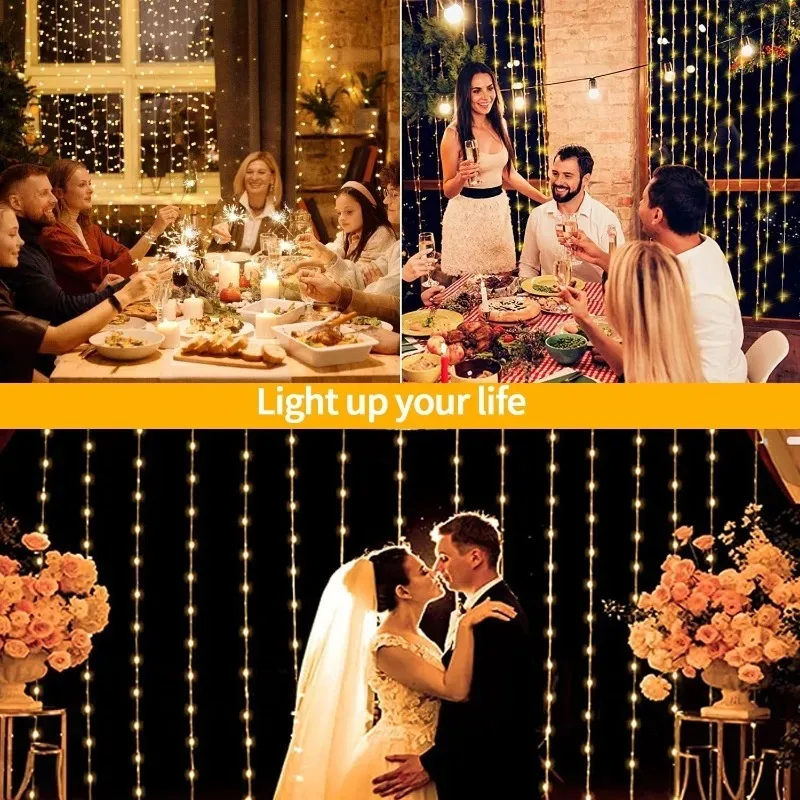 Waterproof Solar Curtain Fairy Lights 3x3M 300LED Lamp for Garden Home Wedding Xmas Holiday Party Indoor Wall Scene Decory
