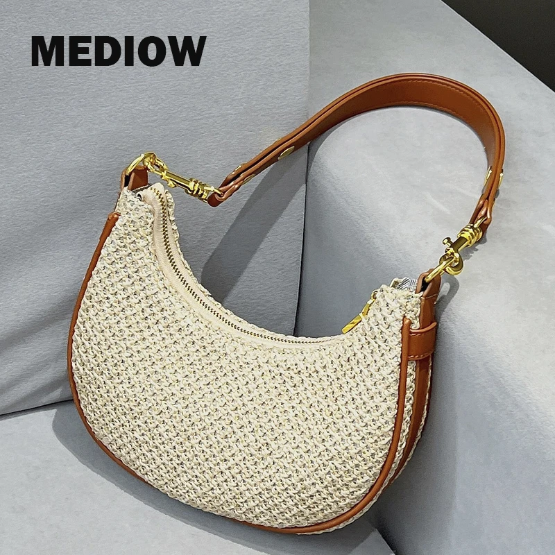 

MEDIOW Vintage Half Moon Bags For Women Luxury Designer Handbag And Purses 2023 New In PU Linen Weave Grid Decorate Shoulder Bag