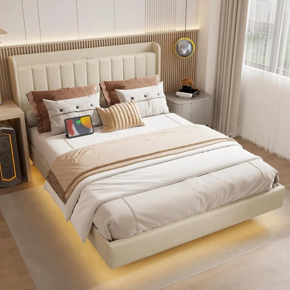 

Queen Size Upholstered Bed Frame, Floating Bed Frame with Wingback Storage Headboard, Type-C & USB Ports, LED Lights