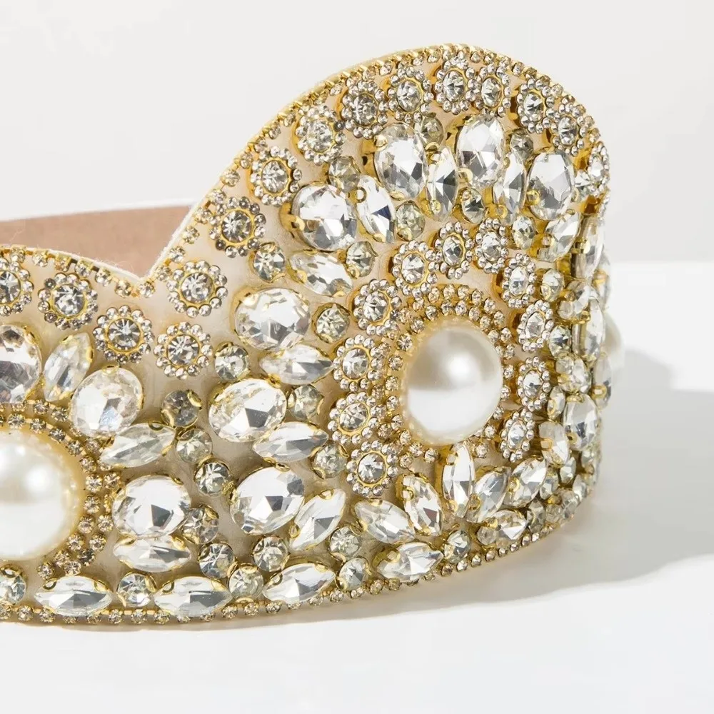 

Retro Exaggerated Rhinestone Headbands Wide Full Diamond Pearl Crown Headband Super Flash Colorful Hair Band Hoop Hair Accessory