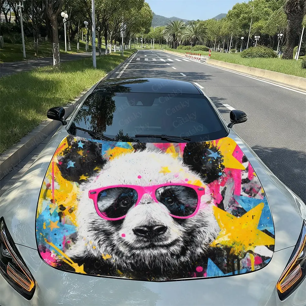 

Hip Hop Style Panda Car Hood Decal Sticker, Durable Car Vinyl Wraps Suitable For Most Vehicles, Car Engine Hood Protective Film,