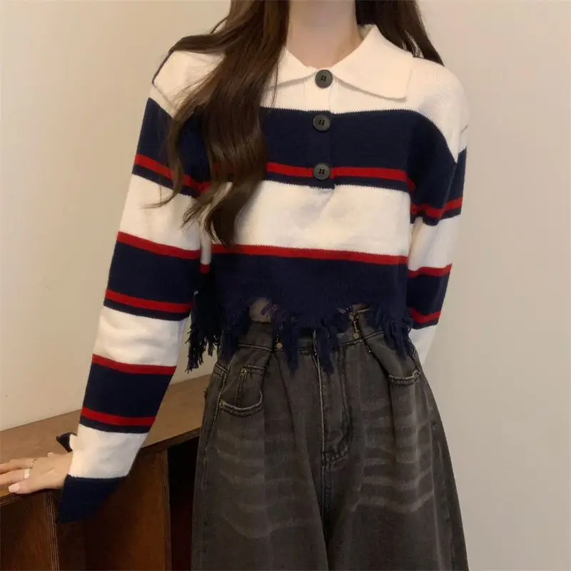 Short Sweater Retro Striped Long Sleeved Knitted Design Niche Short Style Tassel Slimming Top