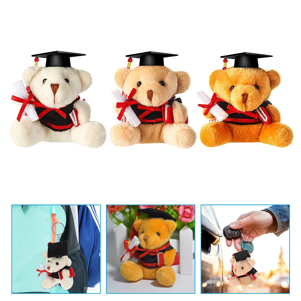 

3 Pcs Plush Graduation Bear Backpack Hanging Stuffed Keychain Animals Memorial Gifts Schoolbag Pendants
