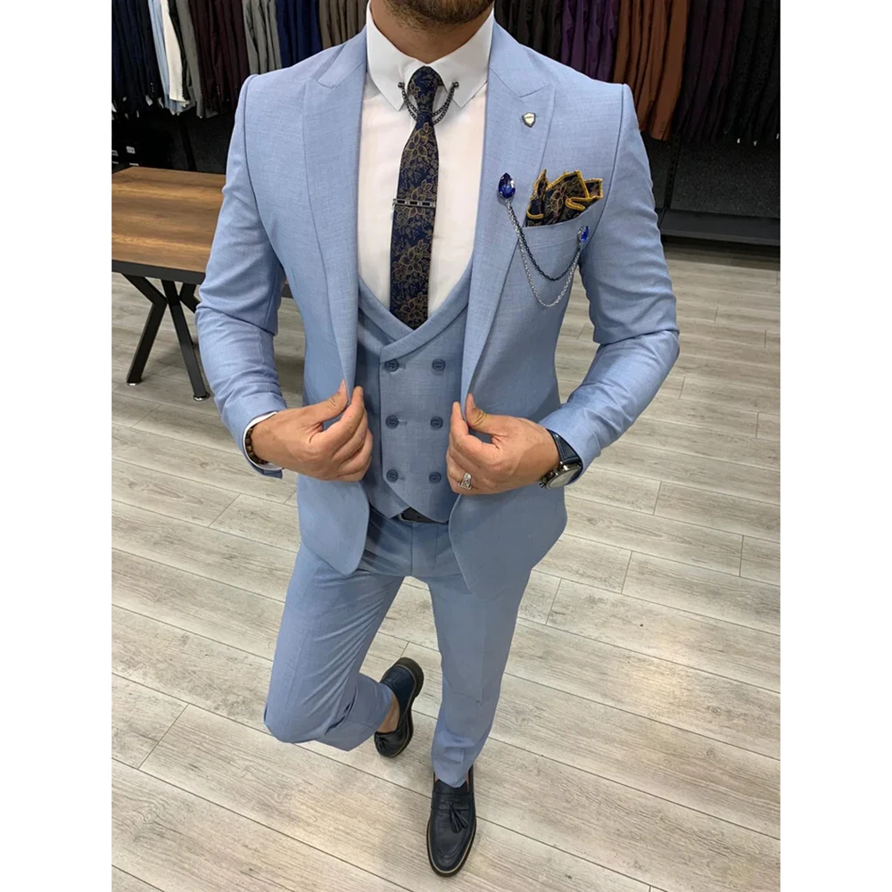 Solid Color Bespoke Men Suits Formal Occasion Luxury Clothing Single Breasted Peak Lapel 3 Piece Jacket Pants Vest Sets Terno