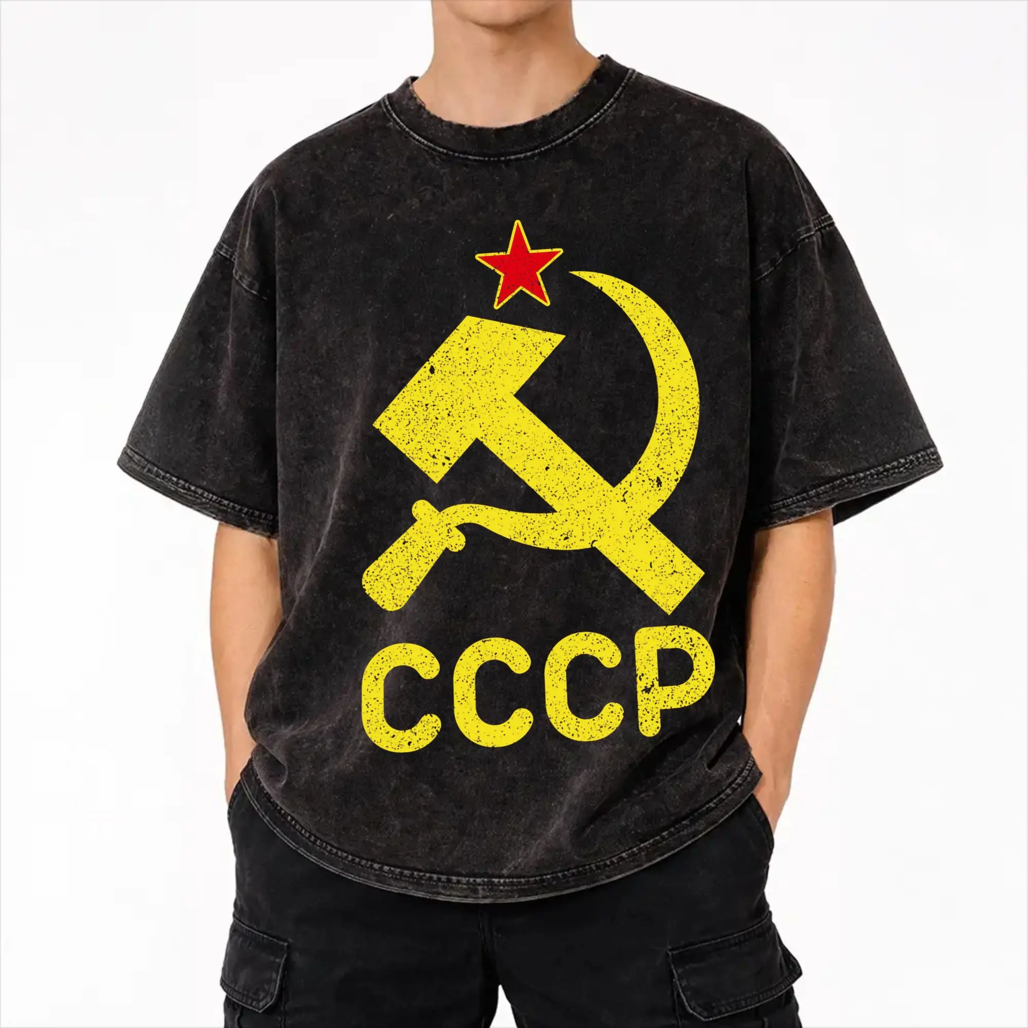 Star CCCP Pride Russia USSR Soviet Union Communist  T Shirt Hip Hop Washed Cotton Street T-Shirt  Novelty Men Women Streetwear