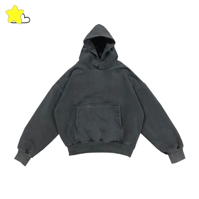 

Autumn Winter Heavy Fabric Cotton Double Layer Kanye West Hoodie Men Women Vintage Washed Black Solid Color Pullovers Hooded