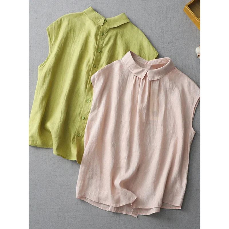 Japanese Style Reversible Linen Sleeveless Blouse Women Peter Pan Collar Loose Casual Summer Shirt