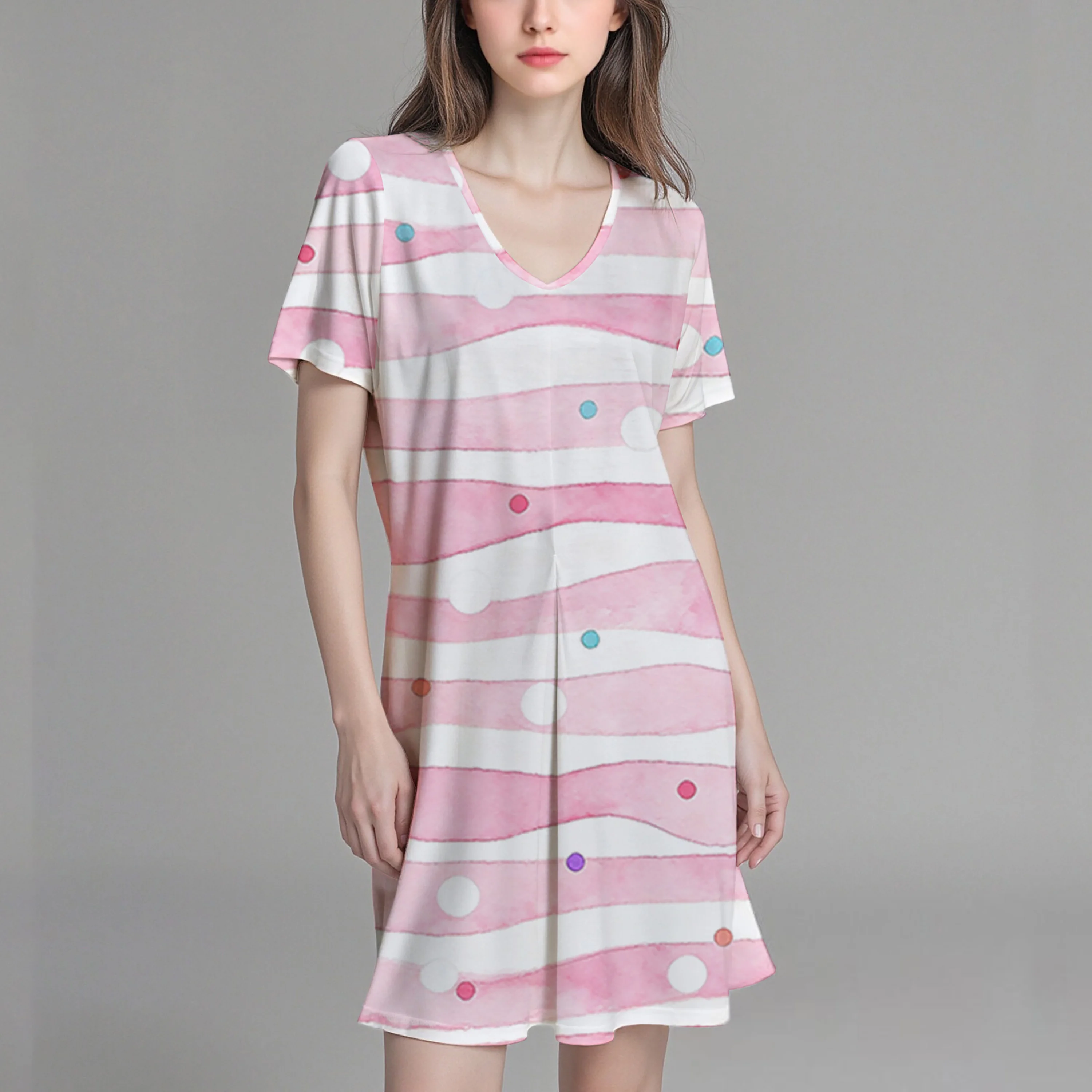 Nieuwe damesjurk/T-shirt met V-hals en korte mouwen met gestreept patroon, licht rekbare stof, casual en comfortabel