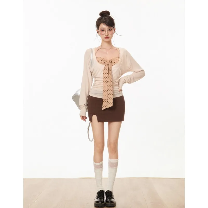 Y2k Aesthetic Two Pieces Set Women Autumn U Neck Sexy Pleated Tops +Polka Dot Sweet Bandage Strapless Tube Top Fairy Grunge Suit