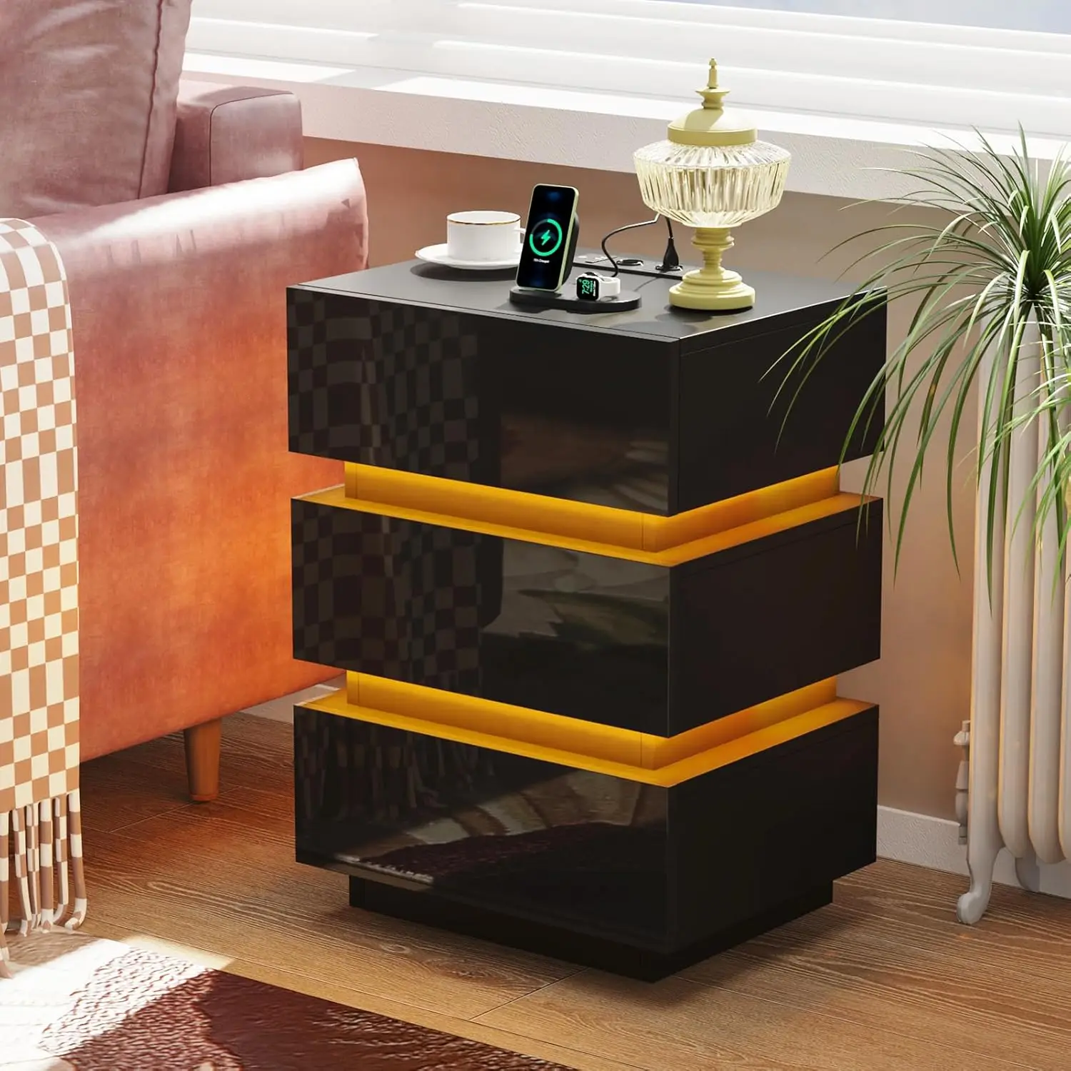 

Modern LED Night Stand with Power Outlets Charging Station Black Nightstand 3 Drawers Bedroom Living Room Table night stand