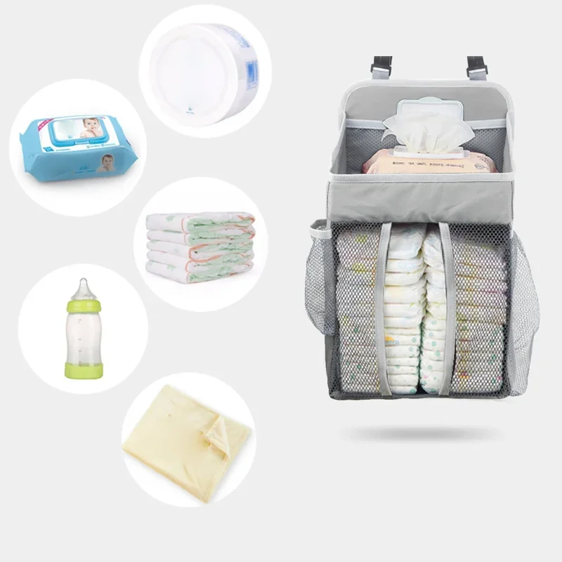 Bolsas colgantes para cuna de bebé, superventas, superficie suave, seguridad, transpirable, duradero, organizador de cabecera portátil, caja de bolsa de almacenamiento de juguetes para pañales