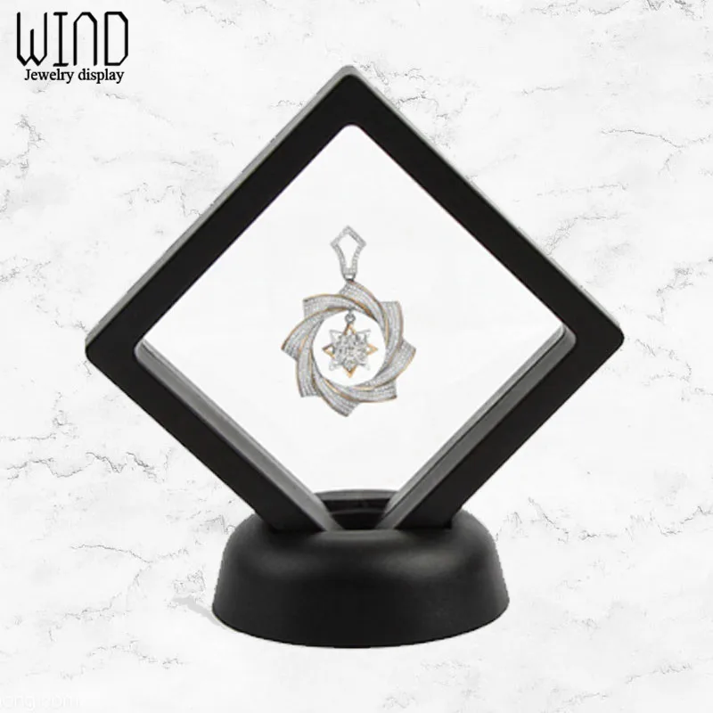 Black White PET Suspended Floating Frame Box Plastic 3D Earring Coins Gem Ring Diamond Jewelry Exhibition Stand Holder Box