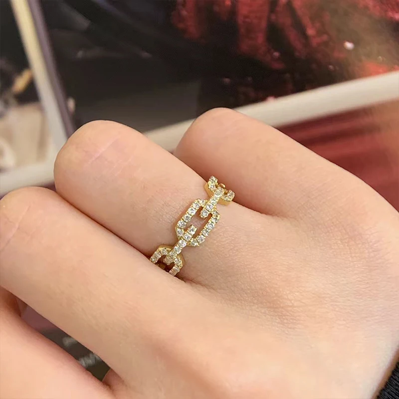 Huitan Fashion Linked Design Gold Color Rings Full Paved Cubic Zirconia Bling Bling Women Accessories Hot Trendy Rings Jewelry