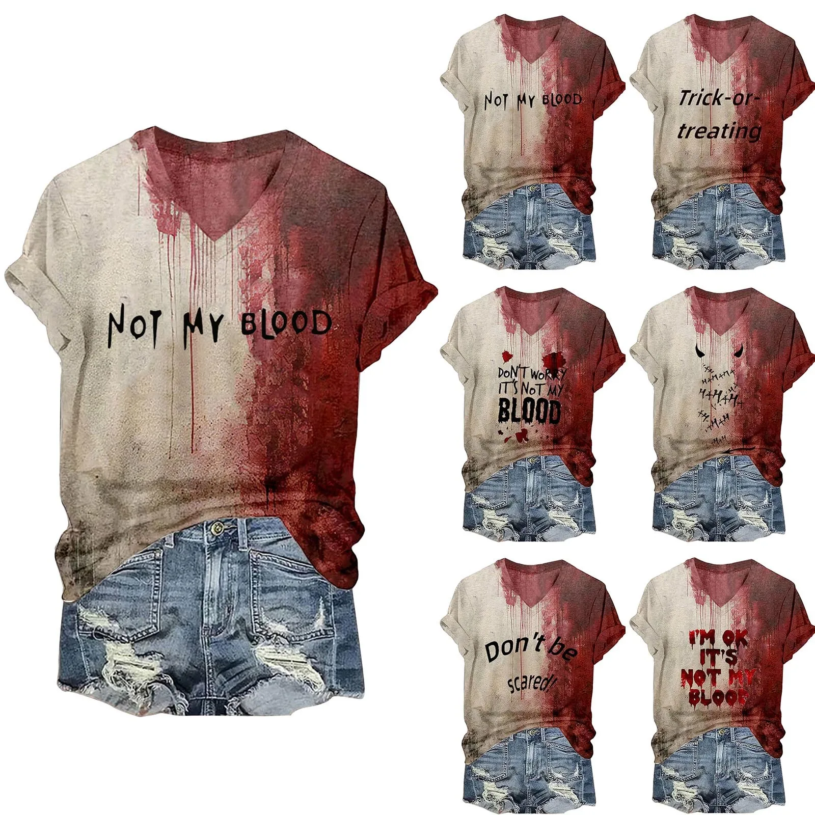 قميص الهالوين الدموي للنساء مضحك بياقة على شكل V وأكمام قصيرة ملابس دم الهالوين هدية رياضية بأكمام قصيرة للنساء #1
