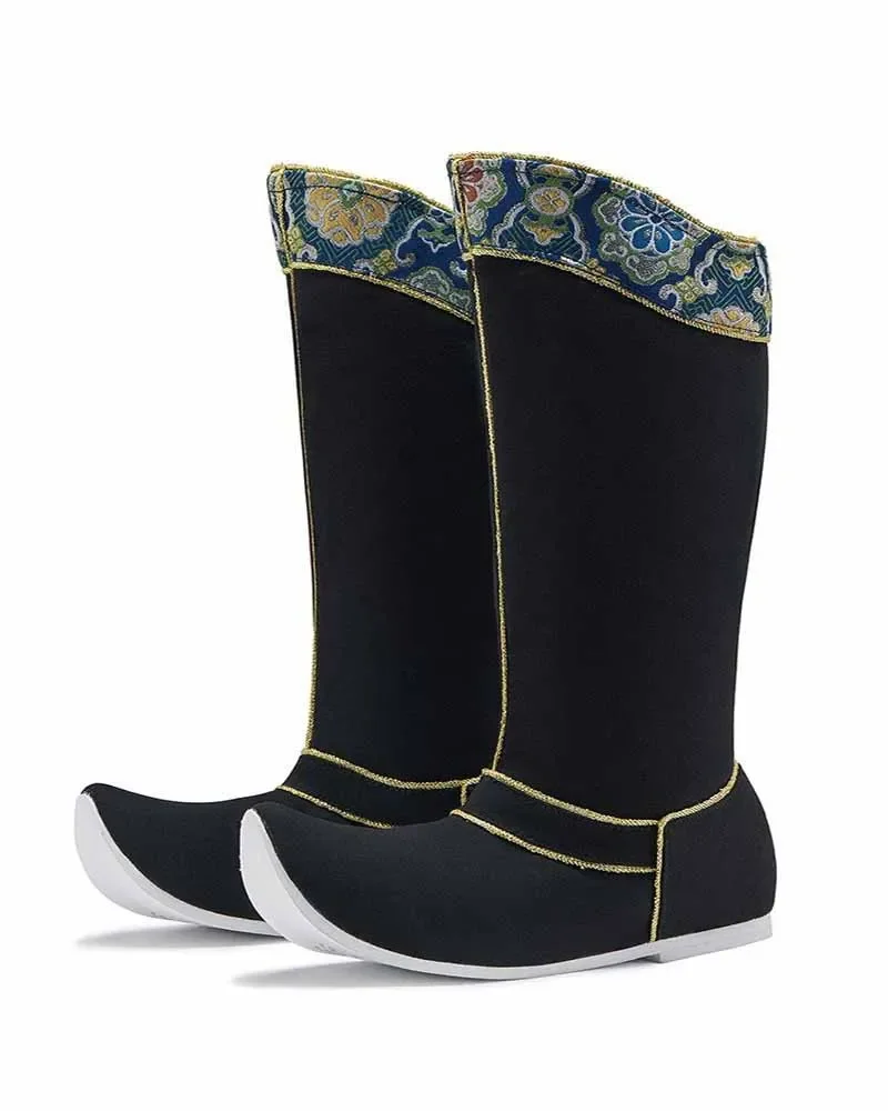 Botas chinesas antiderrapantes hanfu botas de sabão vintage mulheres phnom aro tecido dedo do pé dourado sapatos de salto plano para homens plus size