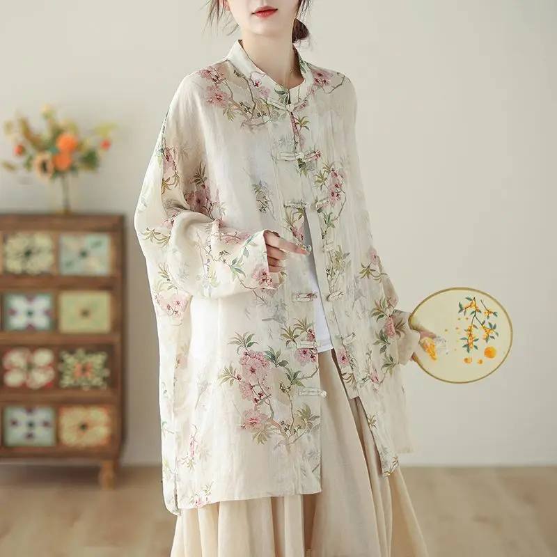 

Women's New Chinese Style Floral Print Linen Cotton Top Frog Button Long Sleeve Loose Fit Tea Wear Blouse