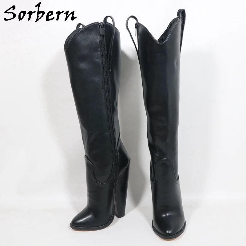 Sorbern Vintage Cowboy Knee High Boots For Women Block High Heel Pointed Toes Slip Round Top Chunky Heeled Custom Wide Legs