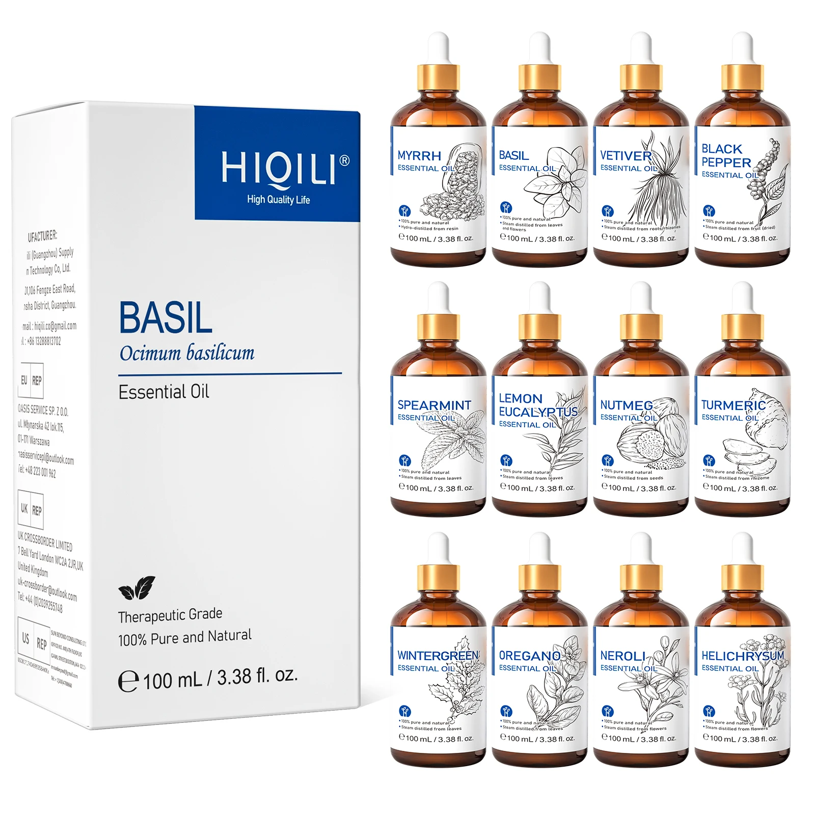 HIQILI Natürliches ätherisches Basilikumöl, 100 ml, für Aromatherapie-Diffusor, DIY-Seife, Kerzenherstellung, Entspannung, Weihrauch, Zitrone, Lavendel