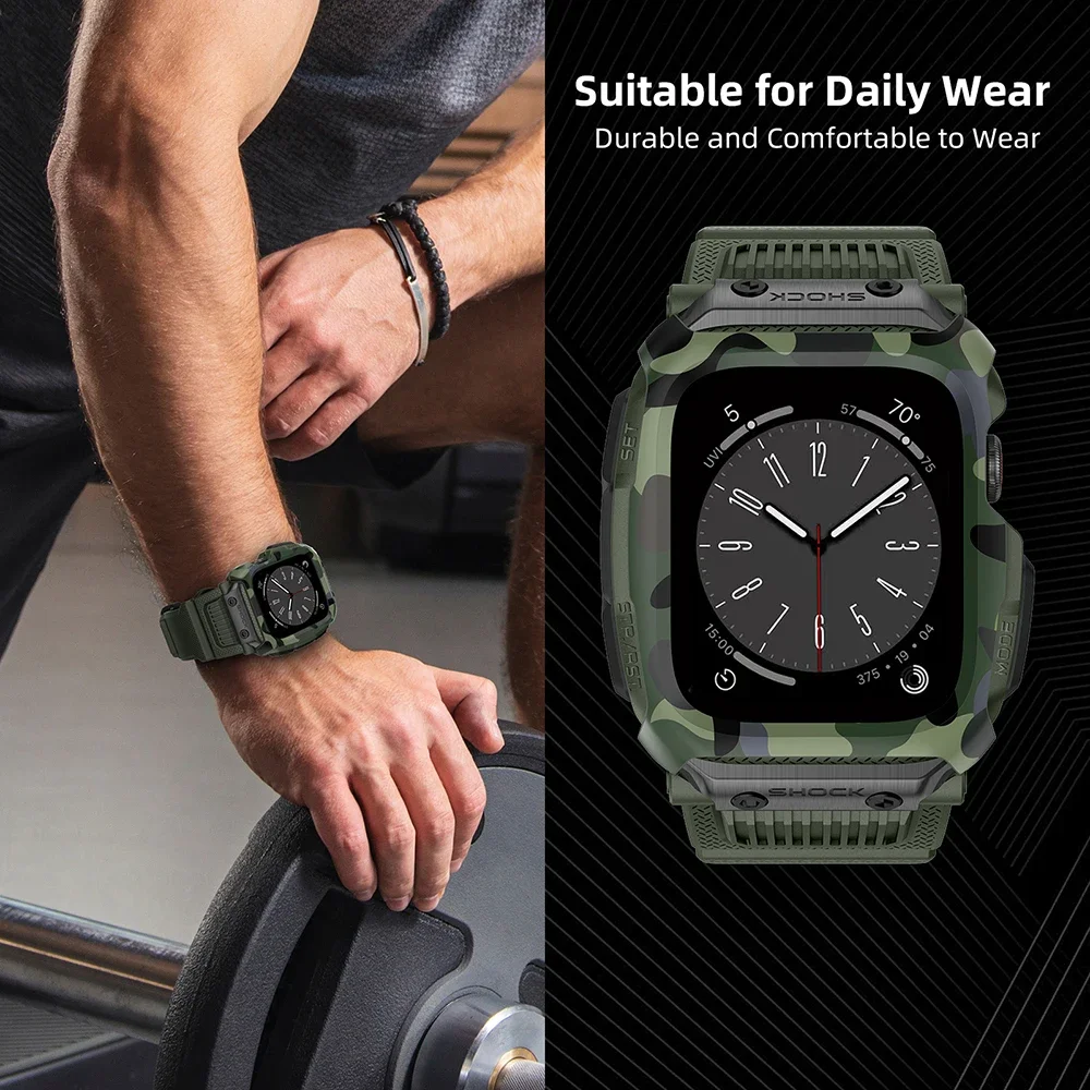 Army Camouflage Sport Case For Apple Watch 8 7 SE 6 Band 45mm 44mm 42mm Waterproof Drop-Resistant Integrated Strap Mod Kit