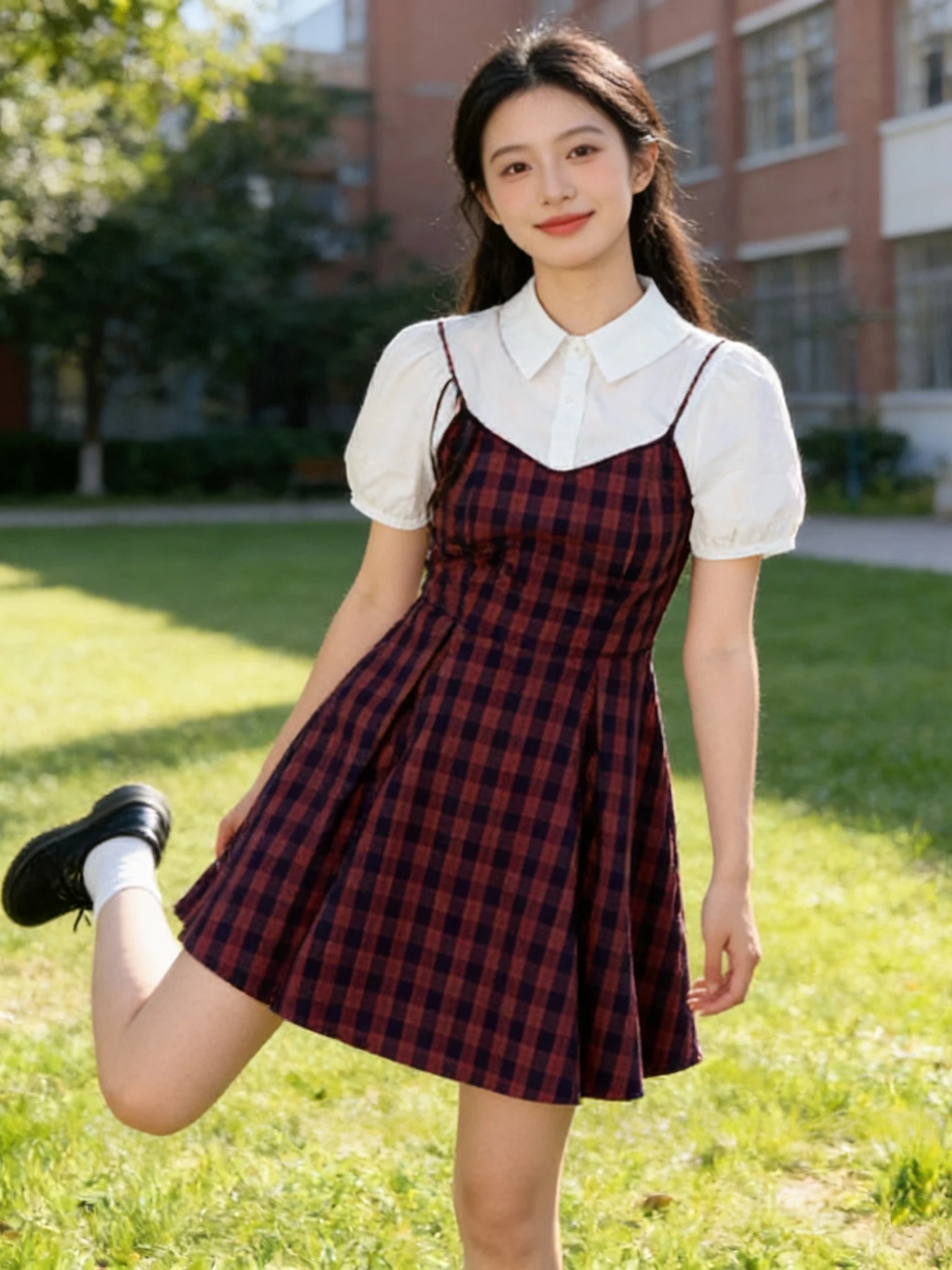 

College Style Short Sleeve Dress Set Waist Cinched Summer Shirt Skirt Korean Short Skirt Fake Two-Piece Fashion Ensemble