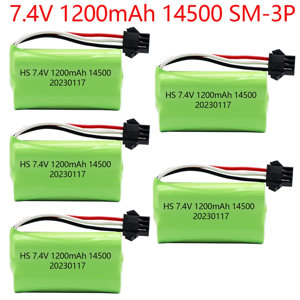 1-10PCS 7.4V 1200mAh 14500 SM3P Plug Li-ion battery for Electric Toy water bullet gun toy parts 7.4V battery for Vehicles RC toy