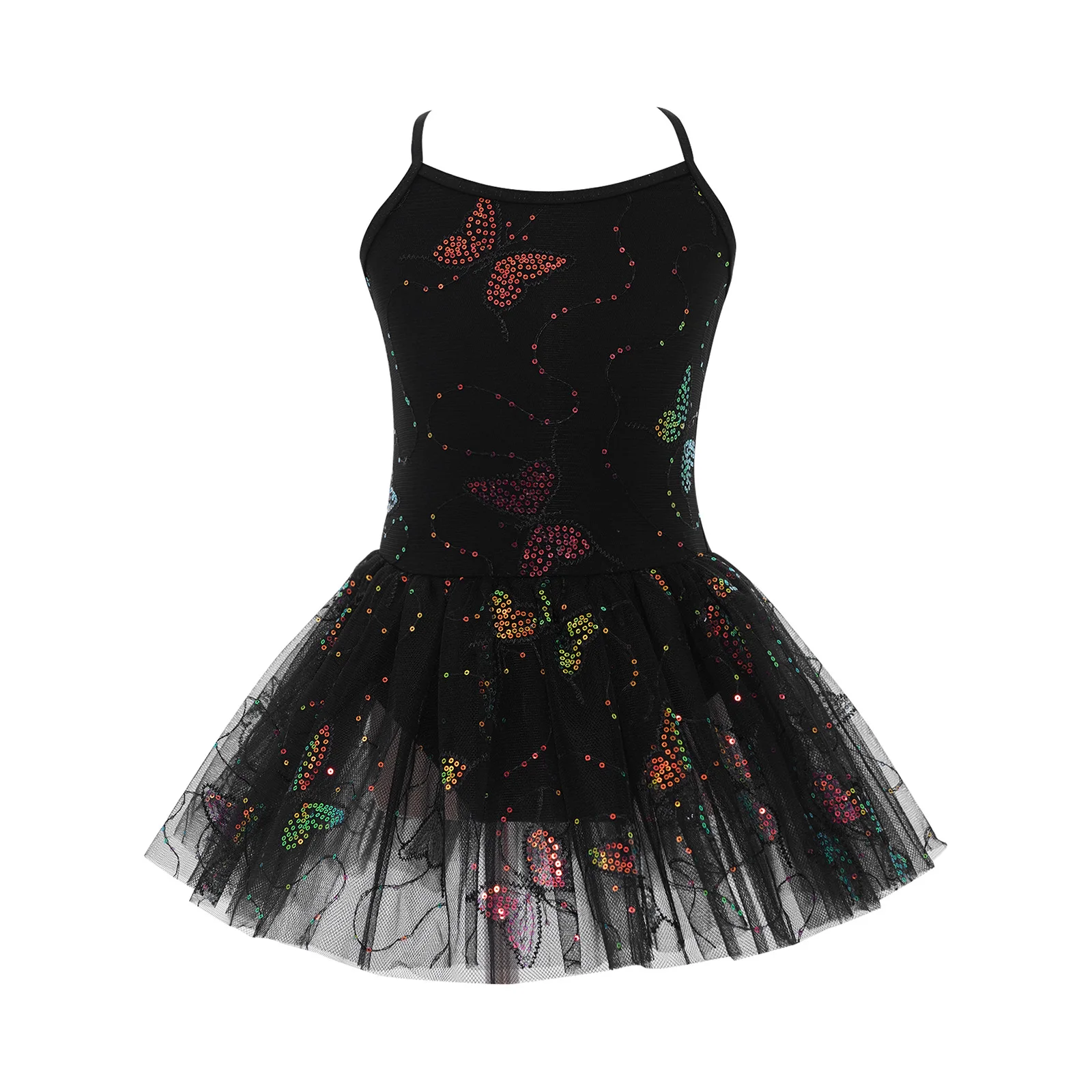 Body senza maniche per ragazze Vestito da tutu per balletto Abiti da ginnastica Abito da ballo con farfalla con paillettes incrociate sul retro con slip incorporati