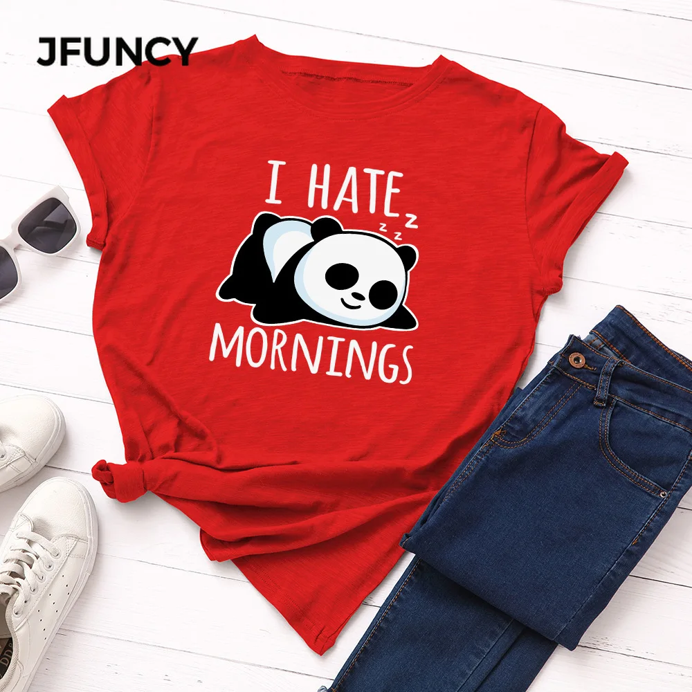 JFUNCY  Lazy Panda Print T-shirt Korean Women Cotton Tshirt Summer Tees Tops Short Sleeve Woman T Shirt Female Shirts