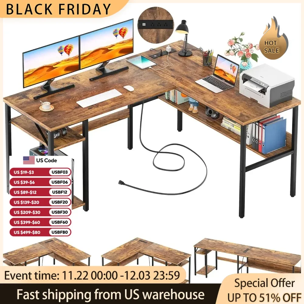 Rustic Brown Table Computer Desks Easy to Assemble Laptop Desk Sturdy Reversible Corner Desk With Storage Shelves Furniture Room