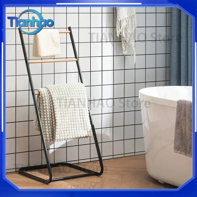 Metal Multilayer Hanging Rod for Bathroom for Simple Floor Shelf Vertical Towel Rack in Black Iron for Towels and Bathroom