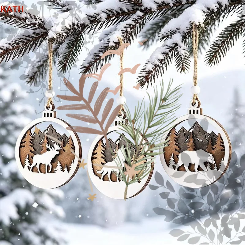 Rustic Wildlife Wood Cutout Hanging Decor Layered Hollow Mountain Bear Wolf Elk Bauble Winter Holiday Tree Decoration