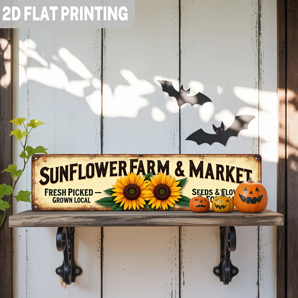 2D Flat - A 2D Design Featuring a Rural-Style Sunflower Farm And Market Sign, Showcasing Freshly Picked Locally Grown Seeds And