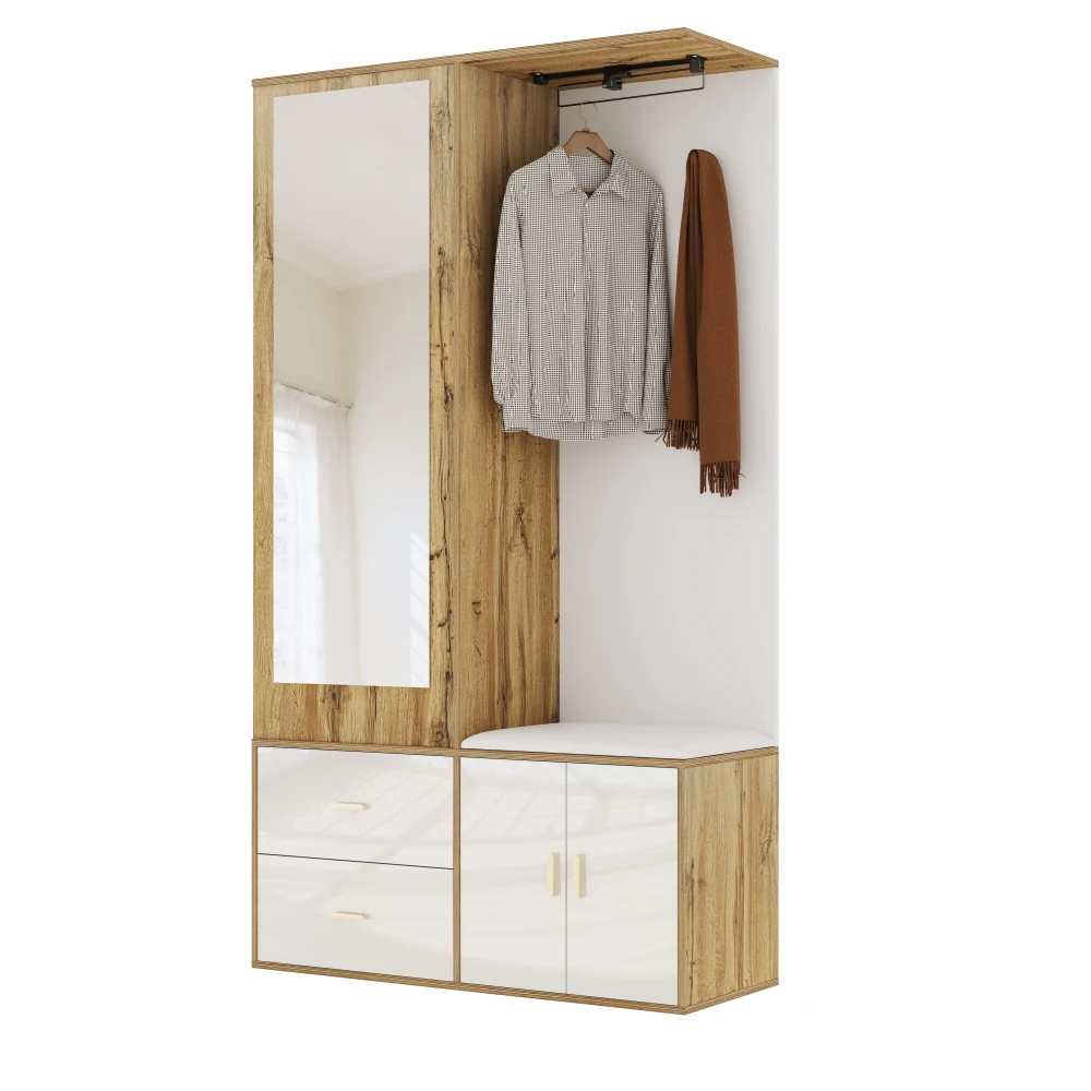 PINGGO Edles Garderoben-Set mit Spiegel, Schuhschrank, Schuhbank mit Haken, ausziehbarer Kleiderstange in Weiß und Holzfarben – Detail 12