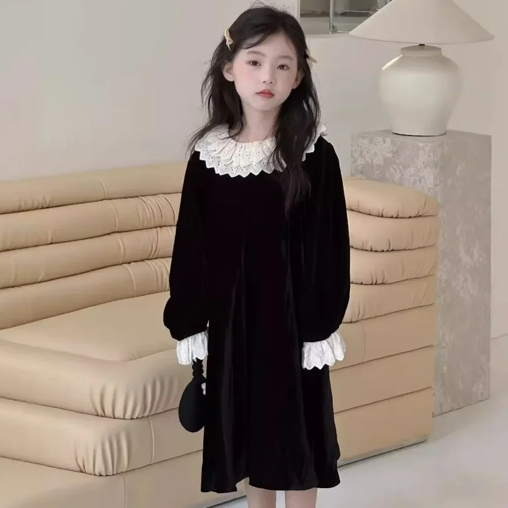 Childrens dress 2024 autumn new style girls lace long sleeved princess dress doll collar dress