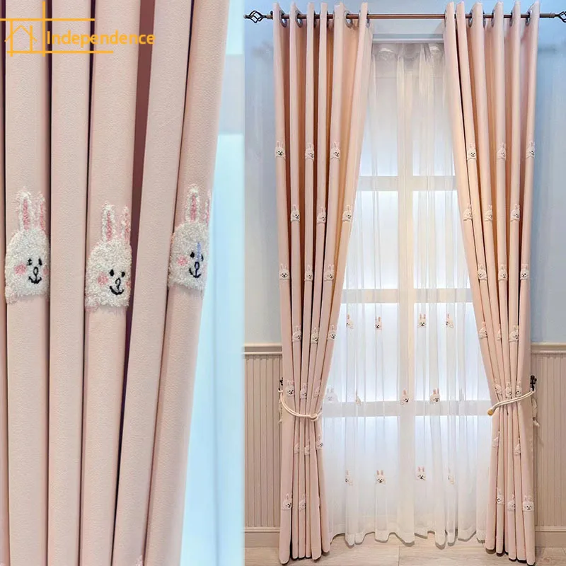 

Cartoon Children's Room Pink Embroidered Rabbit Window Screen Curtains for Living Room Bedroom French Floating Window Balcony