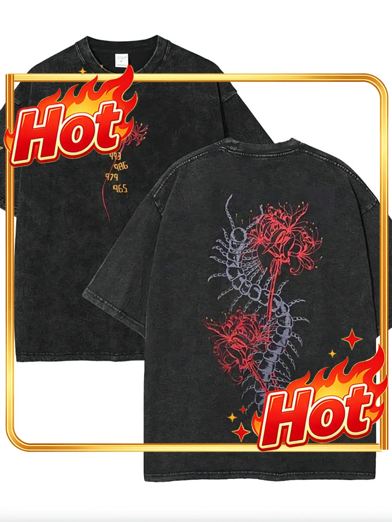 Custom Top 0-5XL Plus Size Men's 100% Cotton Y2K Retro Washed Black Printed T-Shirt - Short Sleeve Red Floral Pattern All Season