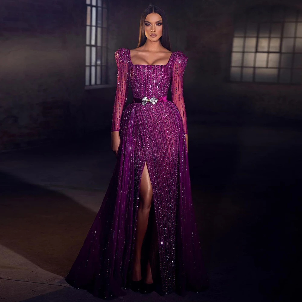 Luxo dubai fúcsia vestidos de noite alta divisão casamento elegante mangas compridas árabe formal festa baile vestidos feito sob encomenda