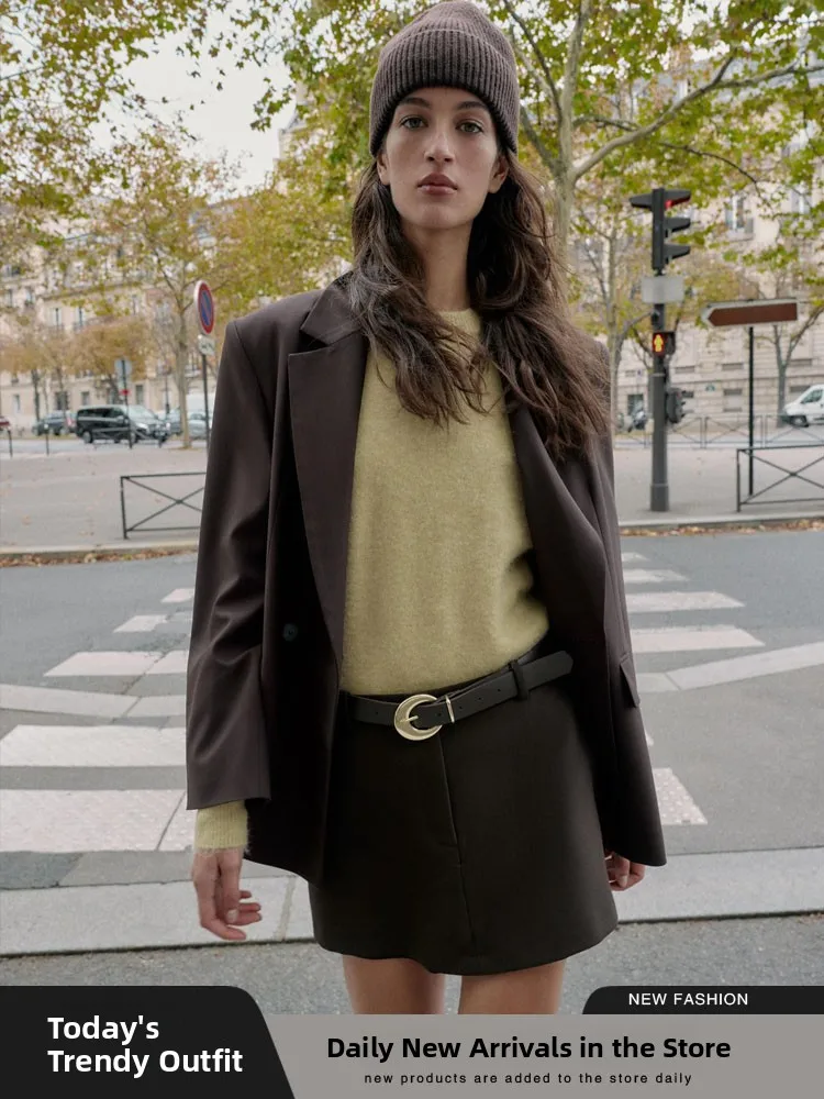 

New Autumn Women's Suit Jaet with Belted Skirt Pants Stand Fit Long Sve Double Breasted Casual Sle Ladies Coat