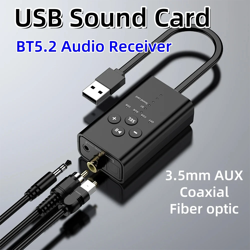 

BT5.2 Wireless Audio Receiver for Speaker, USB to Fiber Optical Coaxial AUX Output Digital Converter Sound Card for Win7/8/10 PC