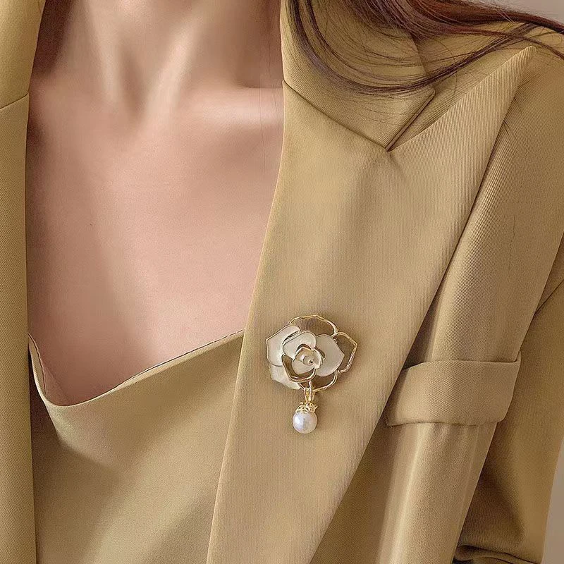 Light Luxury, Fine Flash Dripping Oil, Camellia Brooch, High-grade Pearl Corsage, Pin