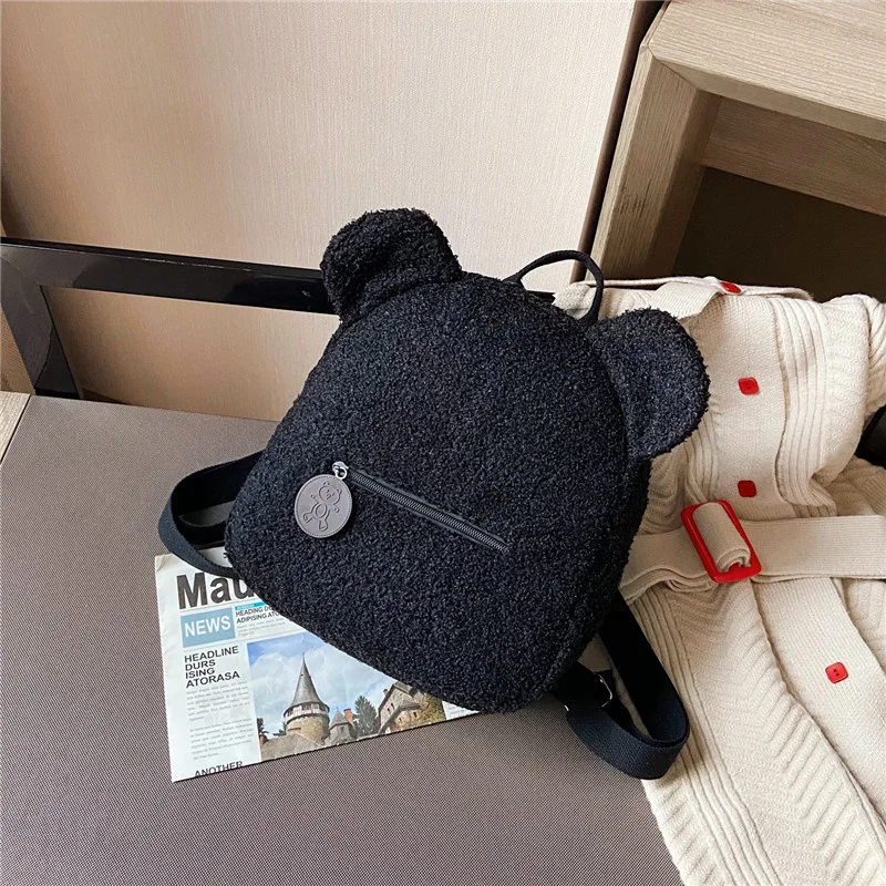 Girls Boy Lambswool Schoolbag Kids Cute Bear Ear Shoulder Bag Children Fashion Casual Fleece Backpack Travel Shopping Rucksack