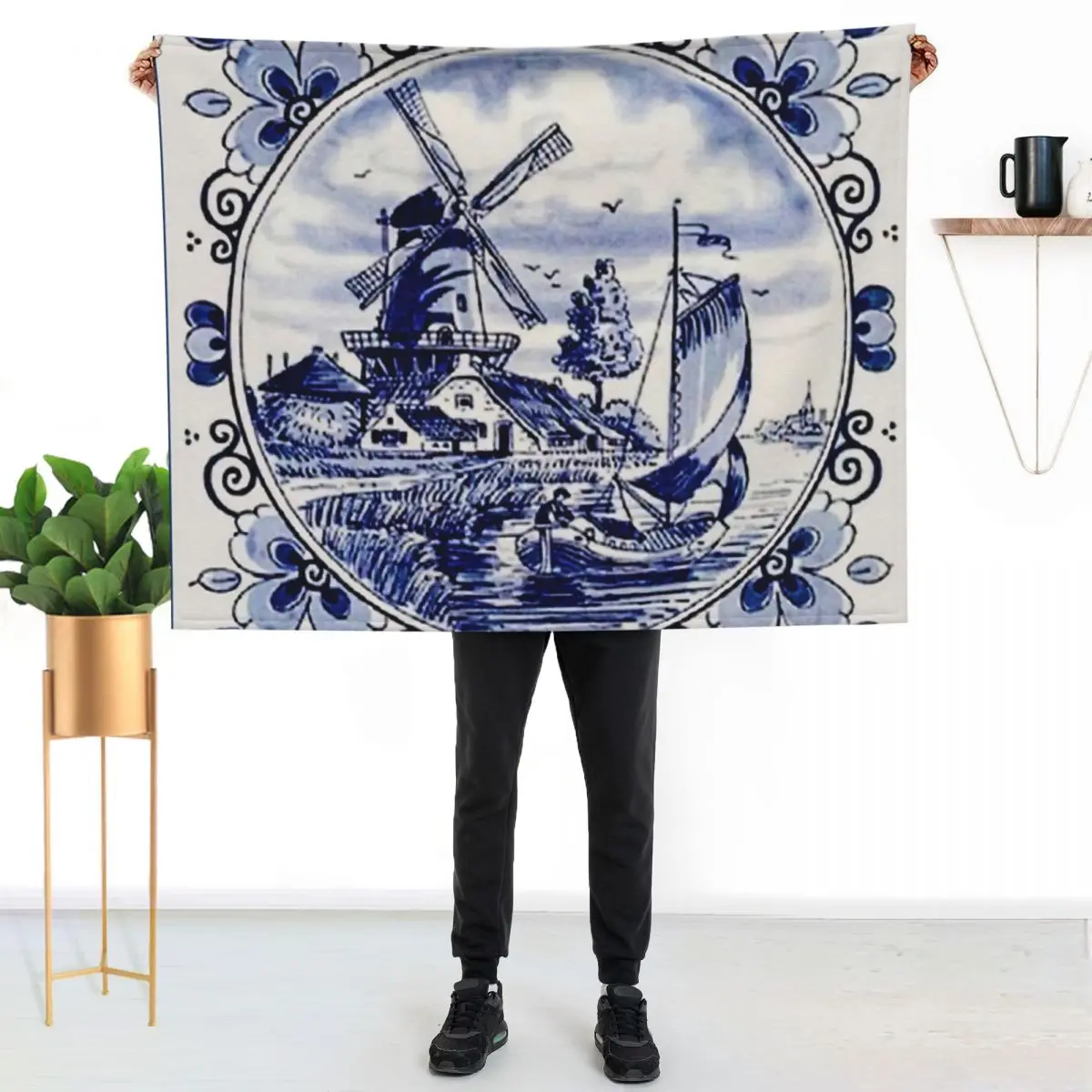 Vintage Windmill Poster In Dutch Blue Delft Throw Blanket Comforter Hairys Extra Large Throw Heavy warm for winter Blankets