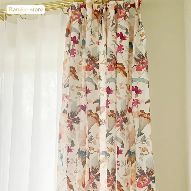 

American Window Curtains Blackout Bedroom Ins Style Bay Window Floral Print Curtain for Living Room New Cotton and Linen Fabric