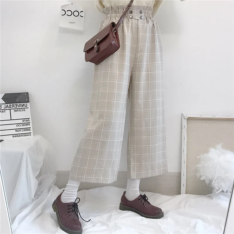 New Fashion dritto a vita alta Harajuk All-match allentato Streetwear donna pantaloni scozzesi coreano alla caviglia dolce Chic femminile