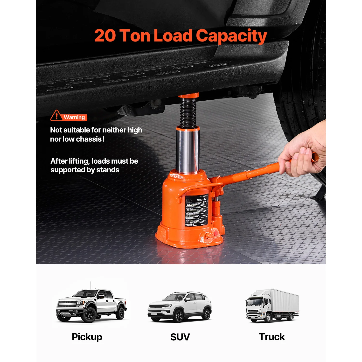 VEVOR Hydraulic Bottle Jack 20/30/50 Ton Welded Bottle Jack with 3-Section Long Handle for Car Pickup Truck RV Auto Repair