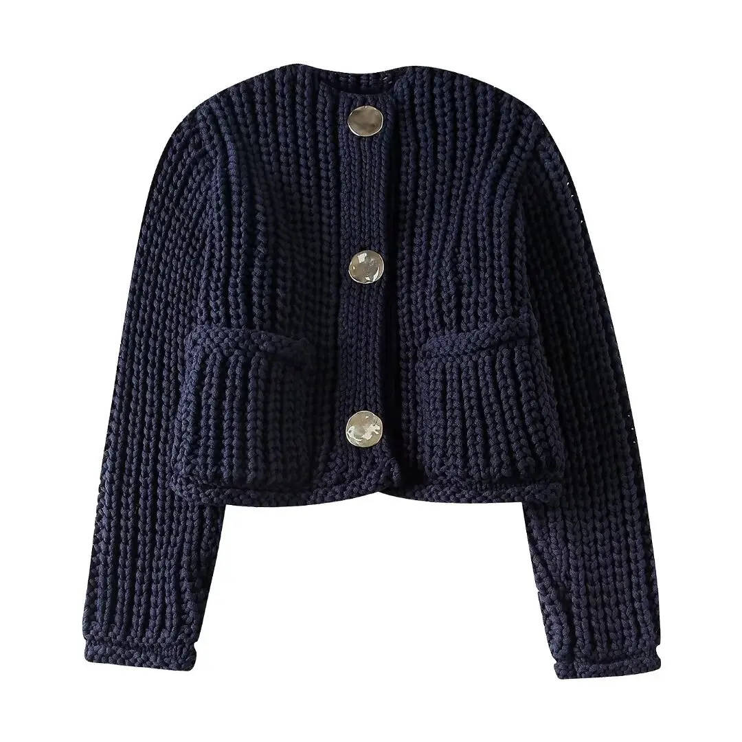 Suninheart Spring and Autumn Sweater Women 2024 New Arrivals Navy Blue Lazy Knitted Sweater Cardigan Casual Short Outfit