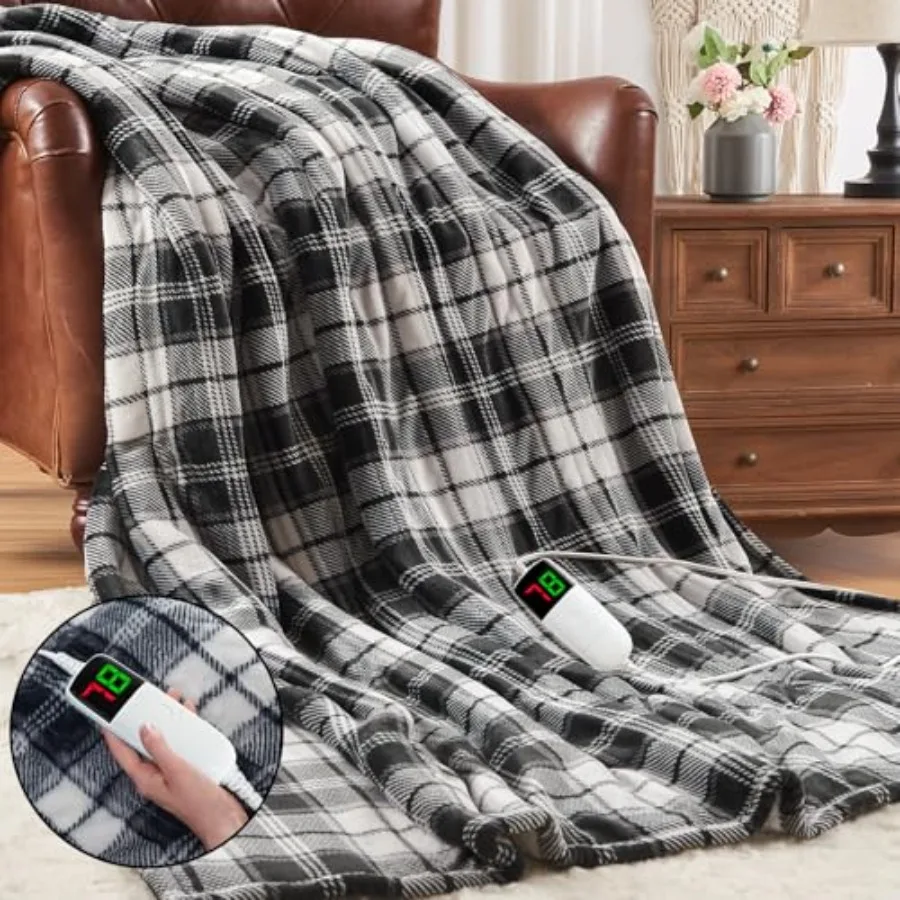 

Black Heated Blanket Electric Twin Size62X84 Heating Blanket with 10 Heats Levelsand8 Hours Auto OffandTimer Plaid Soft Sherpa