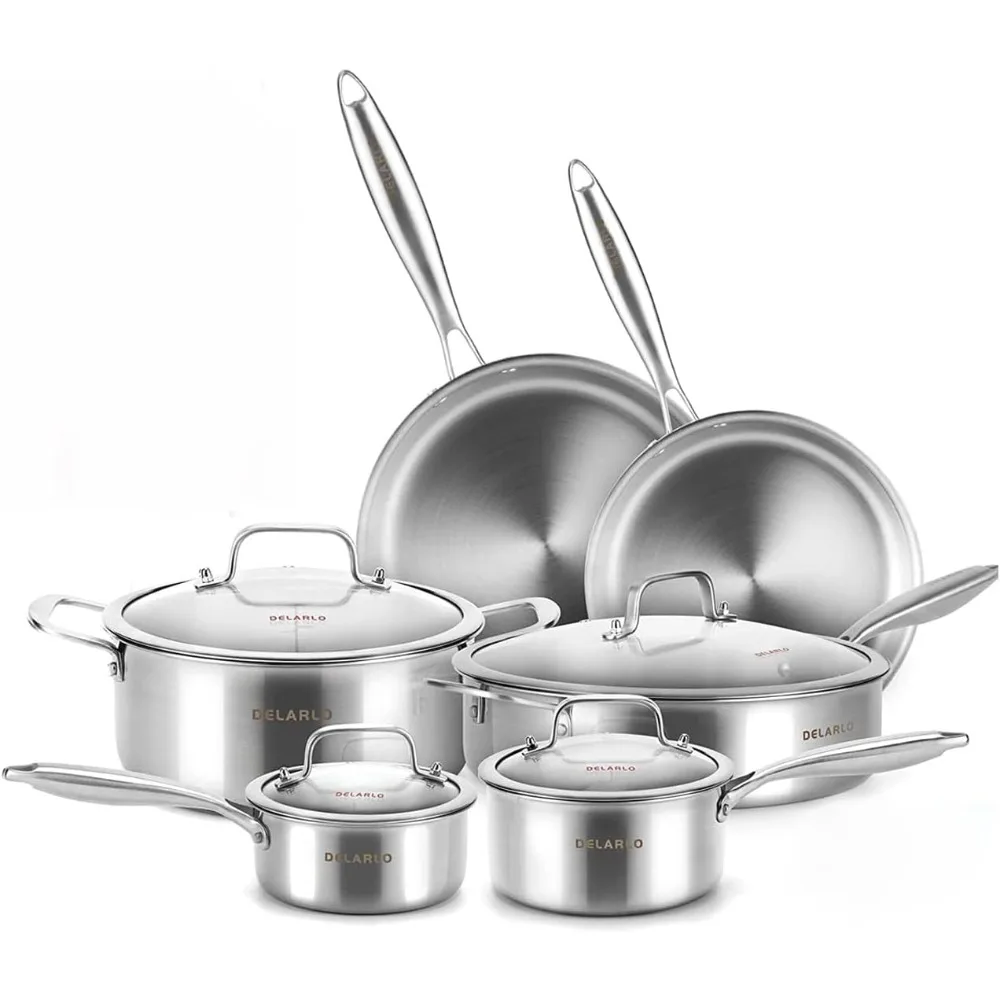 

Whole body Tri-Ply Stainless Steel Kitchen Cookware Set of 14 With Lid Heats quickly Cookware, Suitable for All Stove Kitchen,
