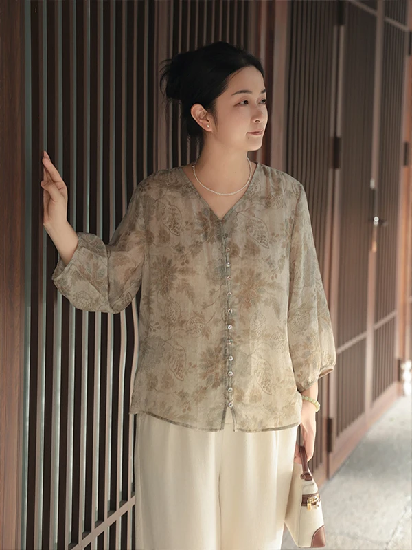 

Casual Linen irt Women's V-ne Seven-quarter Sve Thin Print Casual Sle Spring New Breathable Loose Fit Comfortable