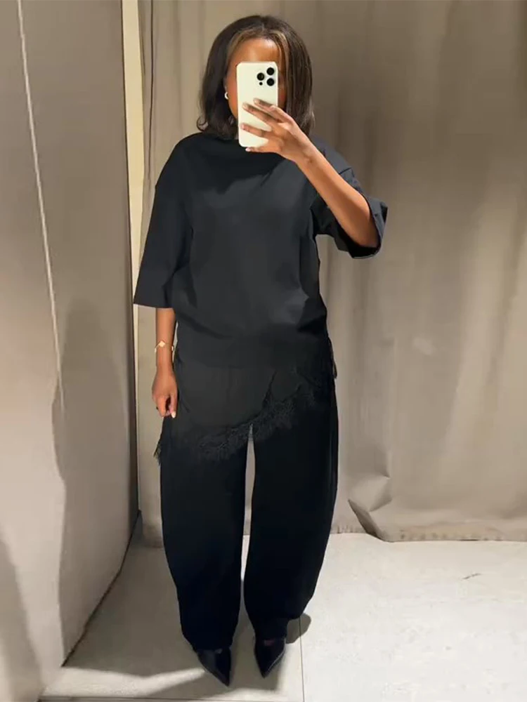 Y2K غير النظامية الدانتيل المرقعة تي شيرت طويل للنساء أنيقة س الرقبة قصيرة الأكمام قمصان عالية الشارع شيك سيدة البلوز ملابس داخلية